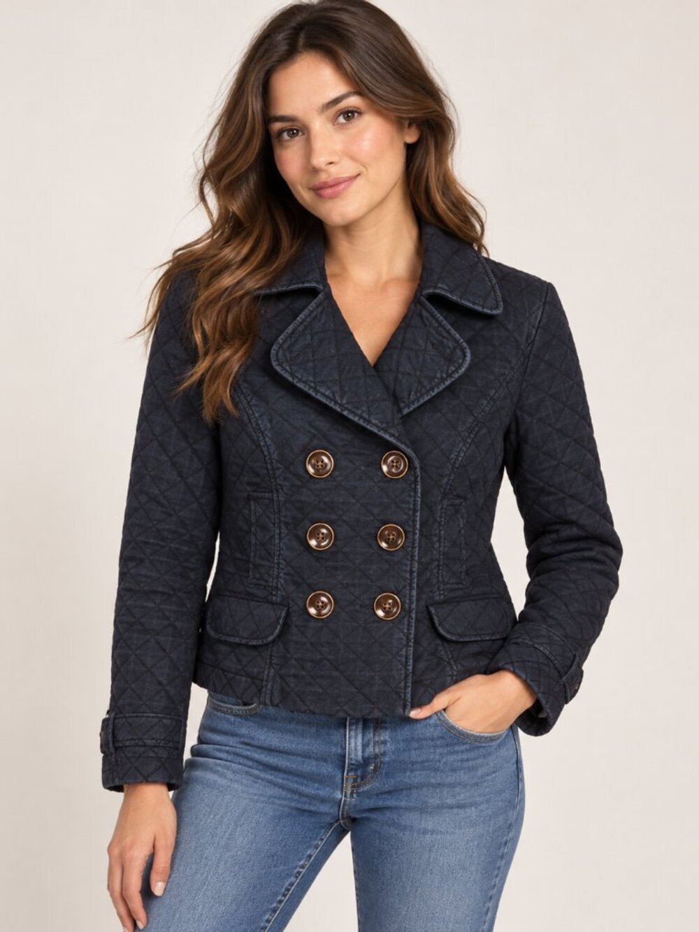 Focus 2000 Women’s Size 14 Navy Quilted Double Breasted Jacket Blazer Cotton
